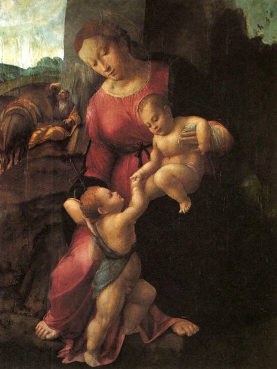 Ruhe auf der Flucht nach Ägypten, mit Johannes dem Täufer von Francesco Granacci